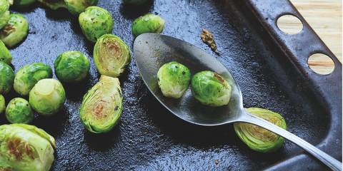 a sheet pan of roasted brussels sprouts