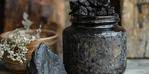 shilajit resin in a jar paired with a raw mineral stone