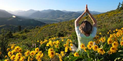 A woman doing yoga, overlooking the mountains in an Arnica field.