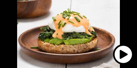 eggs benedict with avocado and roasted red pepper hollandaise