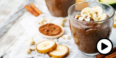 Chocolate and Banana Pudding in a glass dessert cup.