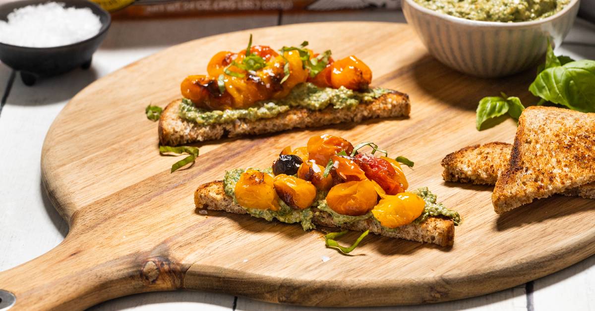 Roasted Tomato Vegan Pesto Toast Points Taste For Life