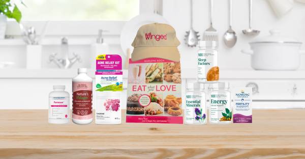 a wide variety of supplements for women's health, a recipe book, and a free hat