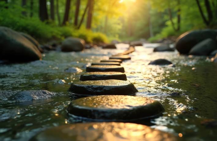 Familiar Chaos vs. Unfamiliar Peace Smooth rocks in a river leading into the distant woods.