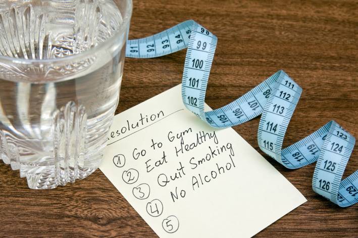 A list of New Year's resolutions next to a glass of water and measuring tape.