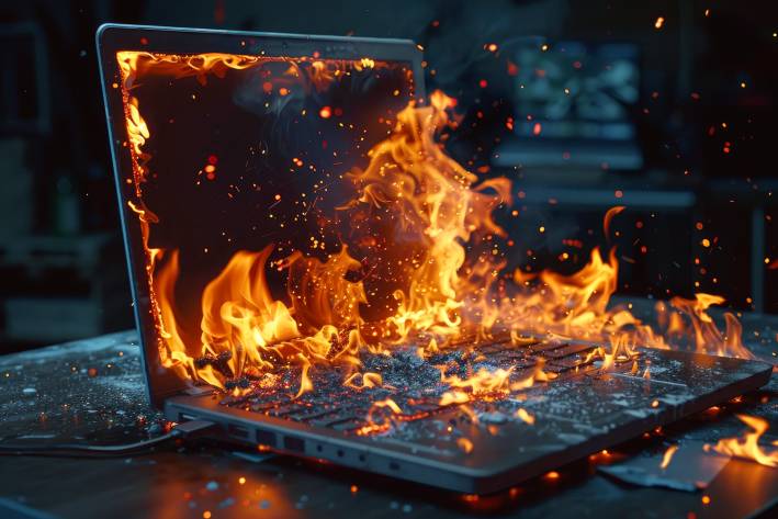 a laptop on fire in a networked building