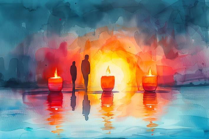 watercolor figures passing by candles on the water