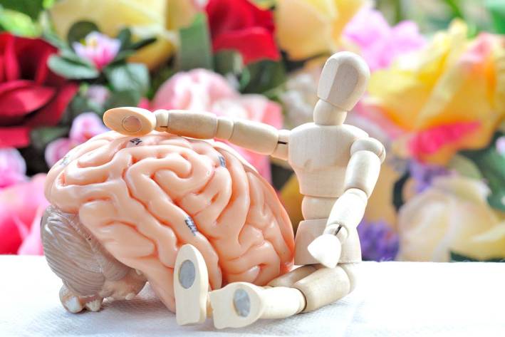 an artist's drawing model hugging a model of a brain