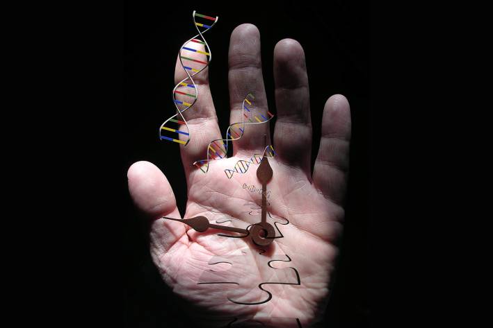a senior's hand with a clock, puzzle pieces, and strands of DNA