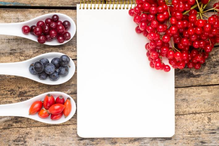 wild berries on wooden table with notebook 