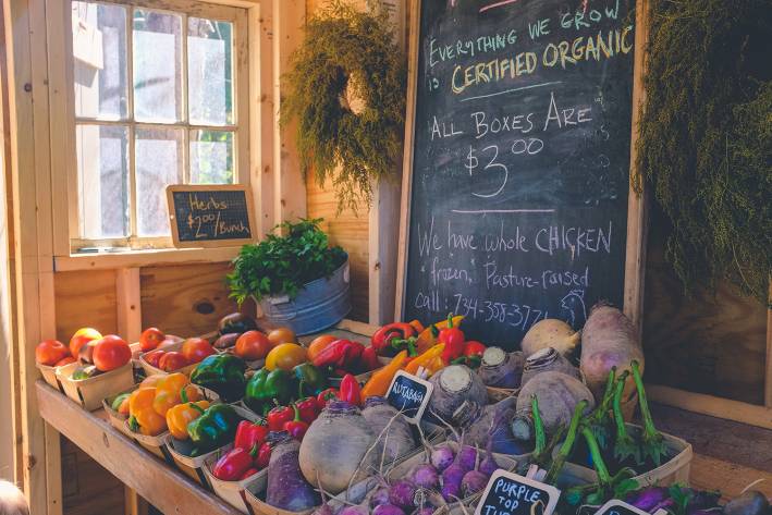 An organic fruit and vegetable stand.