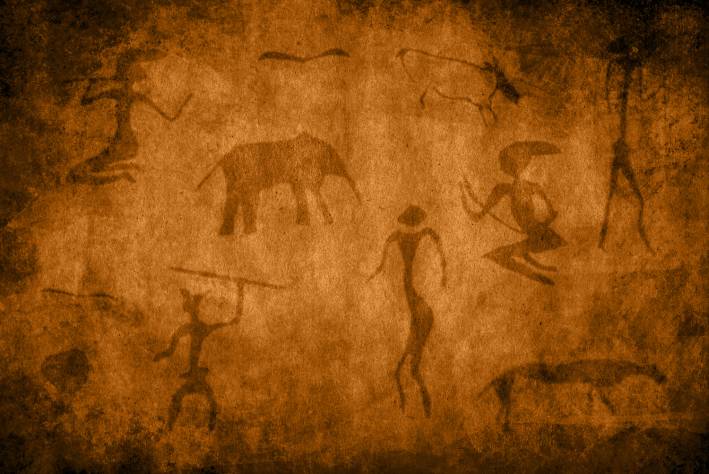 Cave Painting with animals and hunters