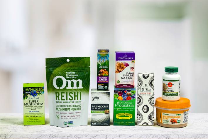 A selection of all natural supplements and body care products containing mushrooms