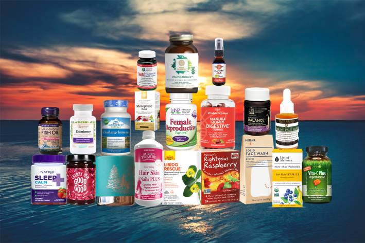 a giant collection of all-natural supplements and body care products for women's health