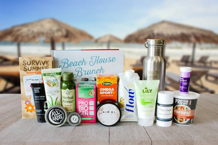 A variety of all-natural body care products, probiotics, foods, and swag