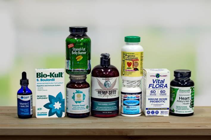 a selection of all-natural supplements and body care