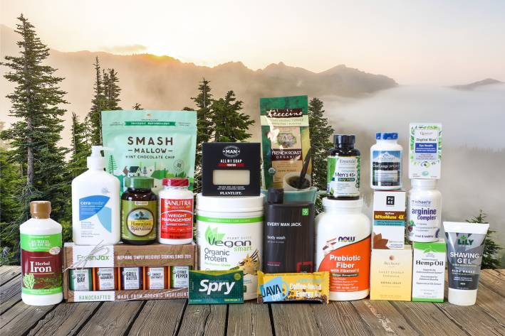 A huge collection of all-natural supplements, snacks, and body care products for men