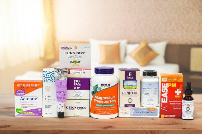 A selection of supplements and body care products for well-being