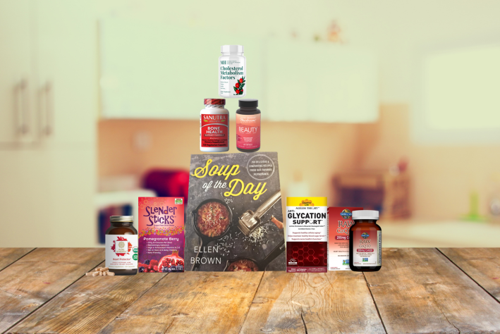 assortment of supplements and cookbook