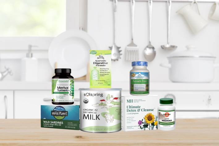 a selection of all-natural supplements and clean foods