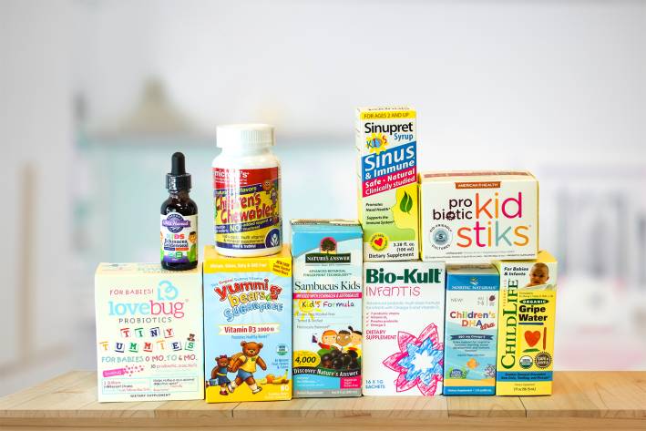 A selection of all-natural supplements and vitamins for kids