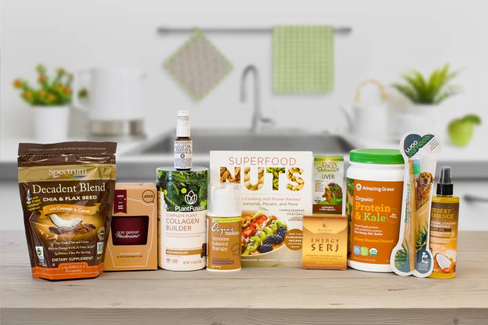 a selection of all-natural foods, supplements, and body care products