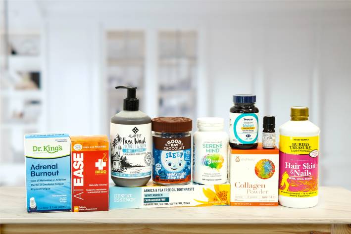 A collection of all-natural body care products and supplements for your head