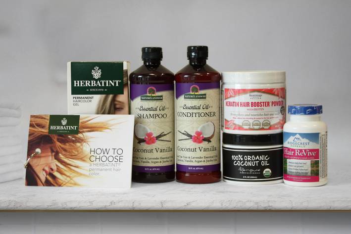 An assortment of all-natural hair care products