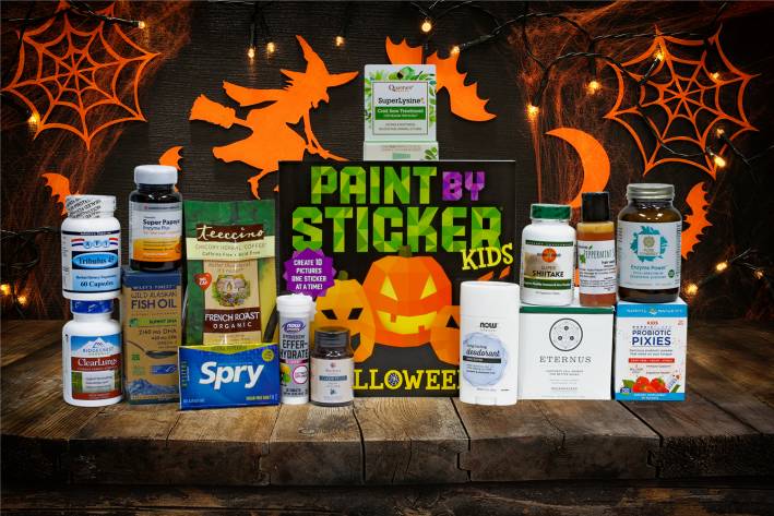 a variety of all-natural supplements and a sticker pack for halloween