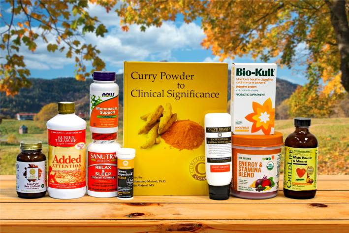 a selection of all-natural supplements, superfoods, and body-care products