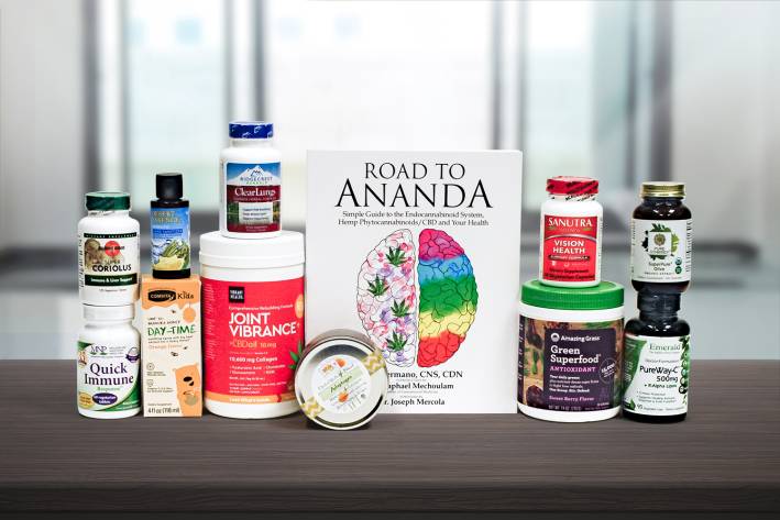 A selection of all-natural supplements and a book about CBD