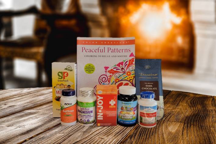 a selection of all-natural supplements and a coloring book
