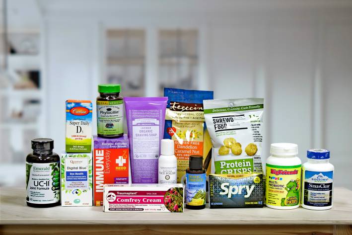 a collection of all-natural supplements, body care products, and food