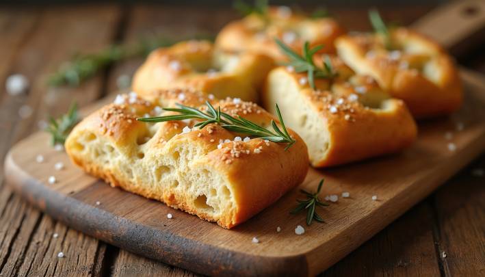 Sliced pieces of focaccia sprinkled with sea salt and rosemary sprigs  on a wooden cutting board.