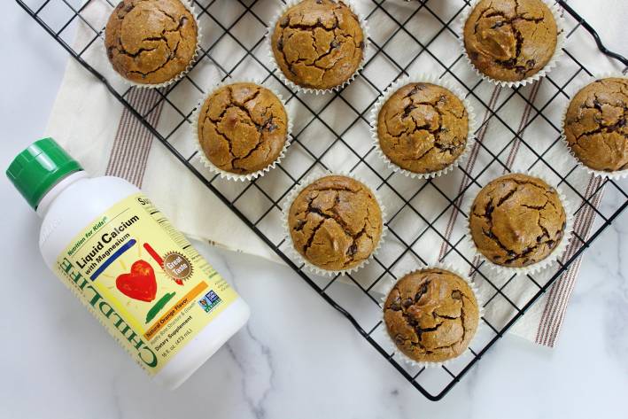 fresh-baked gluten-free muffins and a bottle of liquid calcium