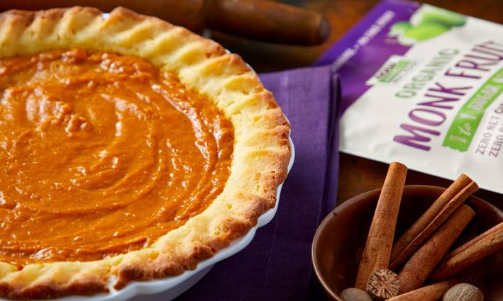 a freshly baked pumpkin pie with cinnamon and monk fruit