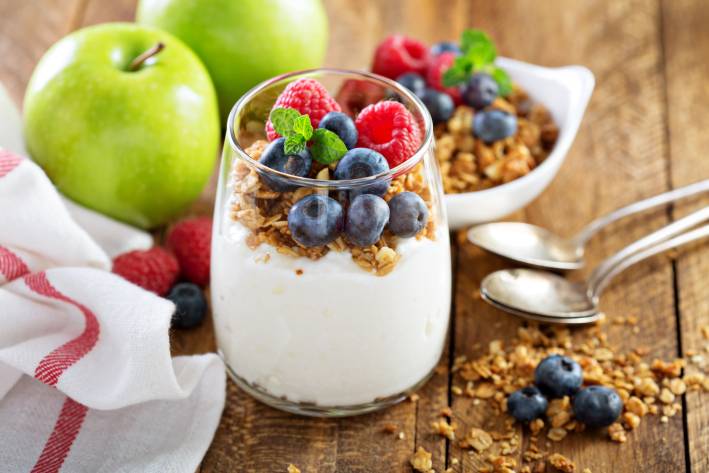 yogurt with assorted fruits and granola