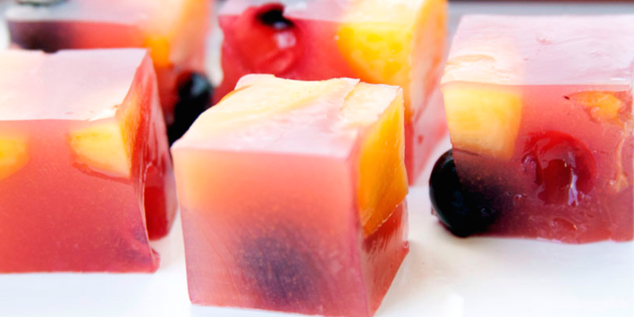 Cubes of kanten with delicious bits of fruit inside