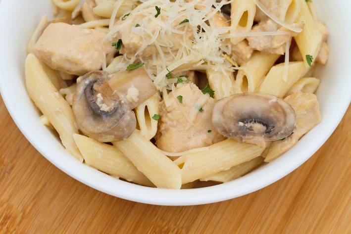 A plate of chicken marsala with mushrooms