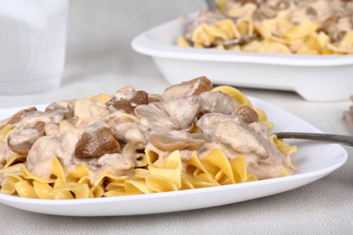 A plate of stroganoff made with thanksgiving leftovers