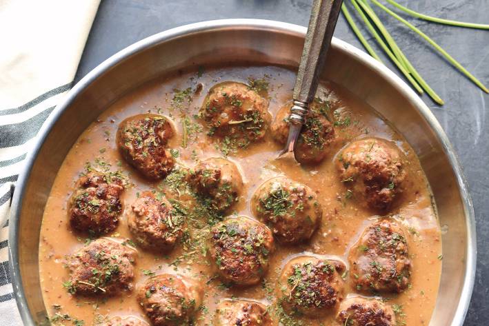 Lighter Swedish Meatballs in a pan ready to serve.