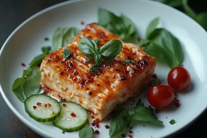 glazed and baked tofu on a plate