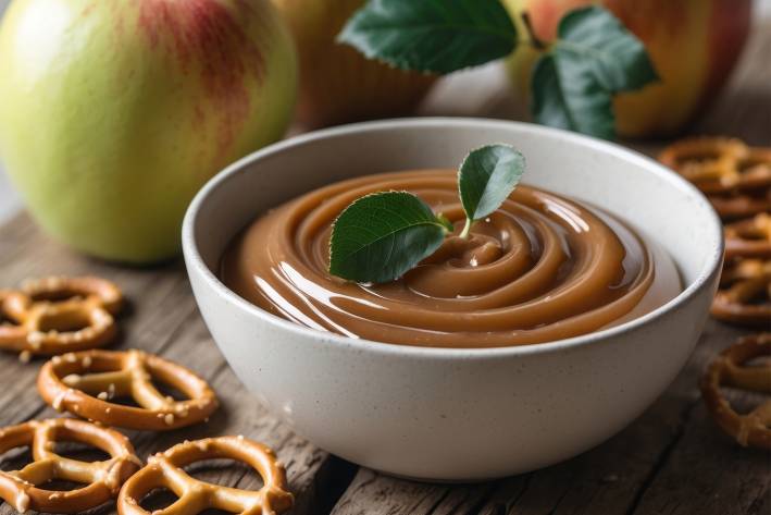 a bowl of thick miso dip with pretzels and apples for dipping