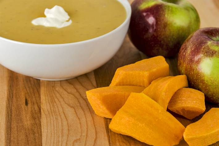 butternut squash, red apples, and a warm and hearty bisque soup