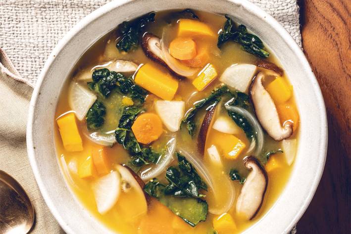 a hearty bowl of vegan miso soup with mushrooms