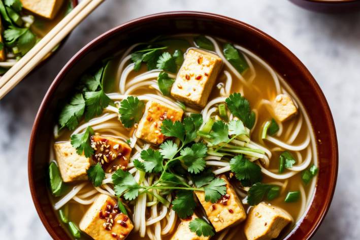 a bowl of vegtarian asian noodle soup with tofu