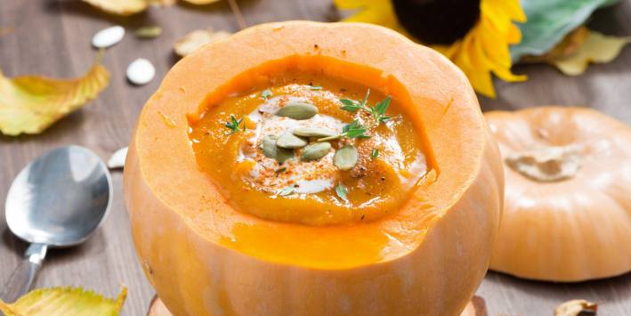 soup served in a carved pumpkin