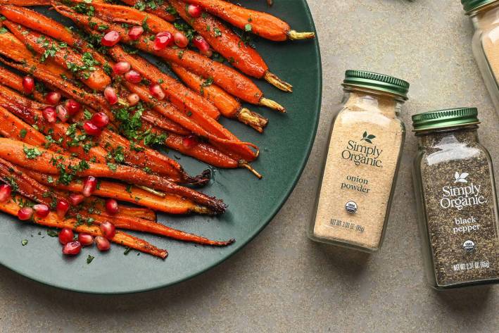 glazed carrots and bottles of spices