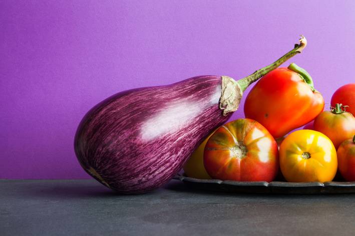 Eggplant and tomatoes.