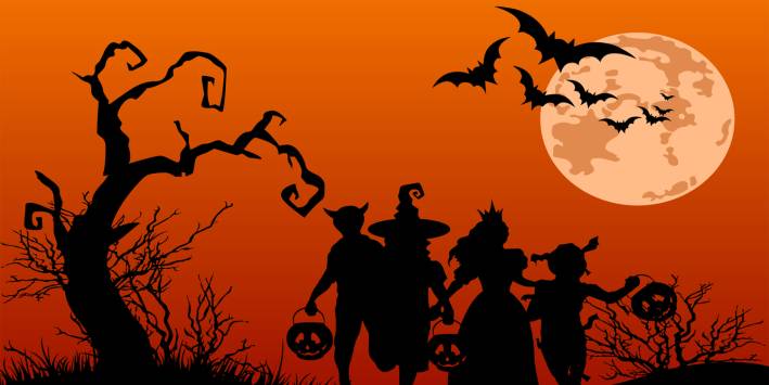 Children trick or treating cartoon image.